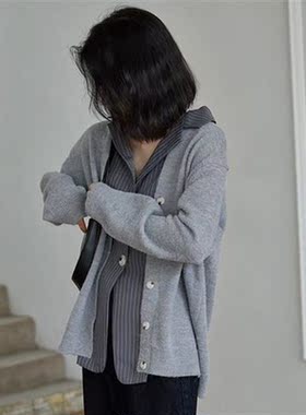 Vintage suit collar stripe patchwork fake two cardigans