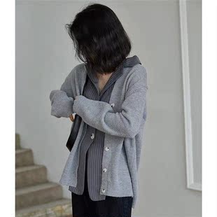 Vintage suit collar stripe patchwork fake two cardigans