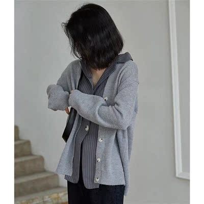 Vintage suit collar stripe patchwork fake two cardigans