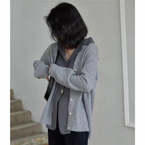 Vintage suit collar stripe patchwork fake two cardigans