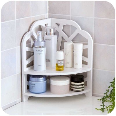 White Carved Panels Wall Corner Shelf wooden 2 layers storag