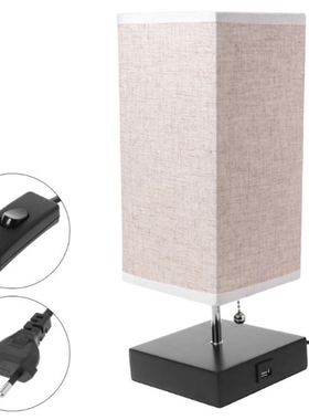1 Set Wood Base Fabric Shade Bedside Table Lamp With USB Por