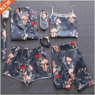 7 Pieces Womens Silk Satin Pajamas Sets Pyjamas Set Sleepwe