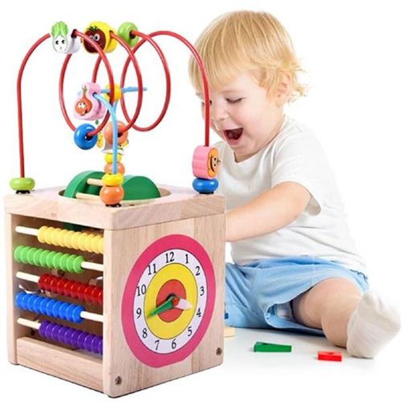 Kids Activity Cube Wood Multi-Functional Columns Bead Maze