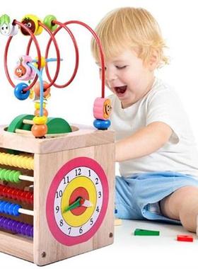 Kids Activity Cube Wood Multi-Functional Columns Bead Maze