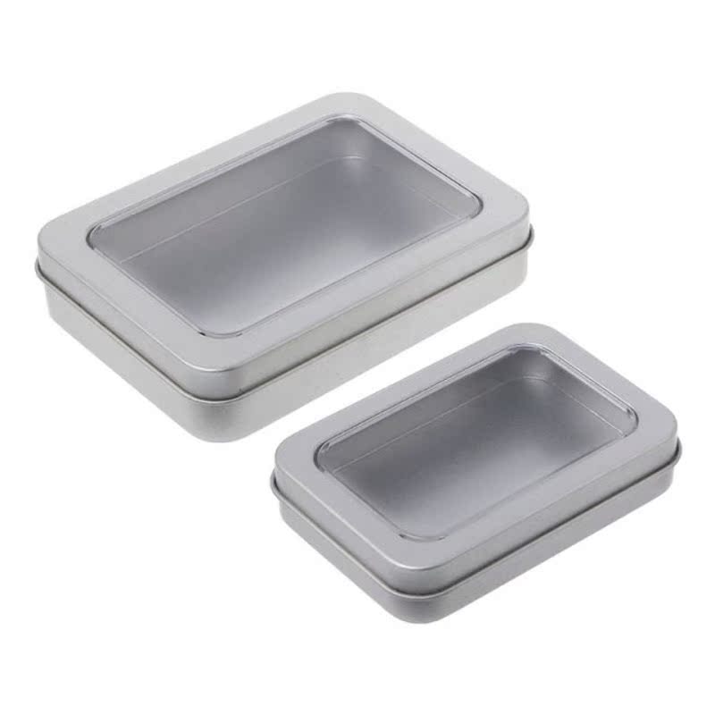 Clear Window Top Metal Tin Can Box Silver Blank Storage Case