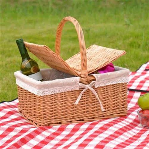 Picnic Camping Woven Food Basket with Handle Lid Handmade