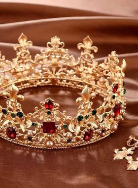 Baroque Retro Luxury Pearl Crystal Gold Crown Bridal Wedding