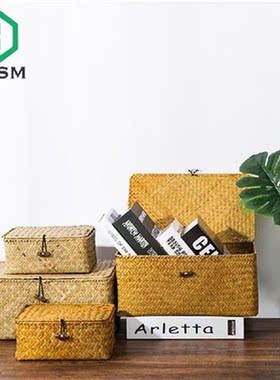 Hand-Woven Straw Storage Box with Lid Laundry Basket Home