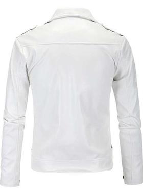 Men Slim White Leather Jackets Oblique Zipper Motorcycle Jac