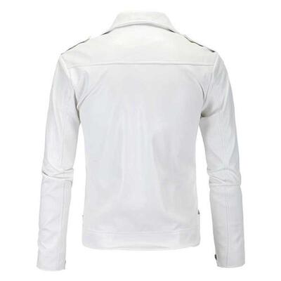 Men Slim White Leather Jackets Oblique Zipper Motorcycle Jac