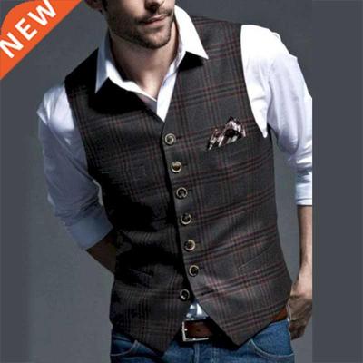Men Suit Vests Coffe Mens Clothing Wedding Tweed Business Wa