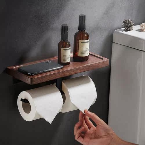 Walnut Paper Holder Bathroom Shelf Shampoo Toilet Holder Kit