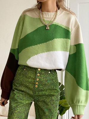 Green Women Striped Knitted Sweater Elegant Casual Loose Pul