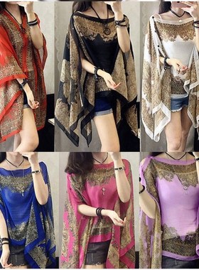 Retro cloak silk blouse beach sunscreen shirt sleeve chiffon