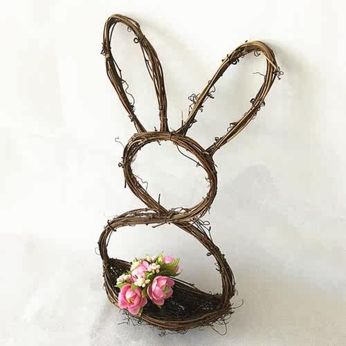Handmade Rattan Easter Rabbit Storage Basket Wreath Wood Cur