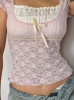 Rapcopter y2k Pink Trim Crop Top Bow Cute Sweet T Shirt Wome