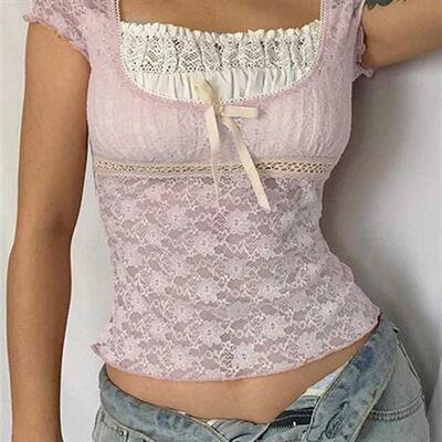 Rapcopter y2k Pink Trim Crop Top Bow Cute Sweet T Shirt Wome