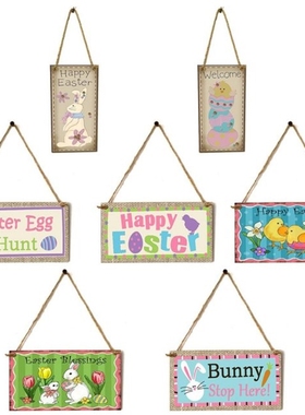 7Pcs Happy Easter Wooden Hanging Sign Bunny Chicken Egg Prin