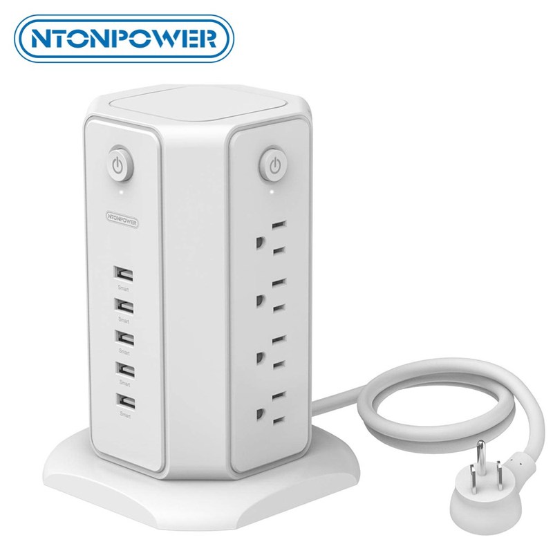 Surge Protector Flat US Plug Power Strip Tower 8AC 5USB Desk