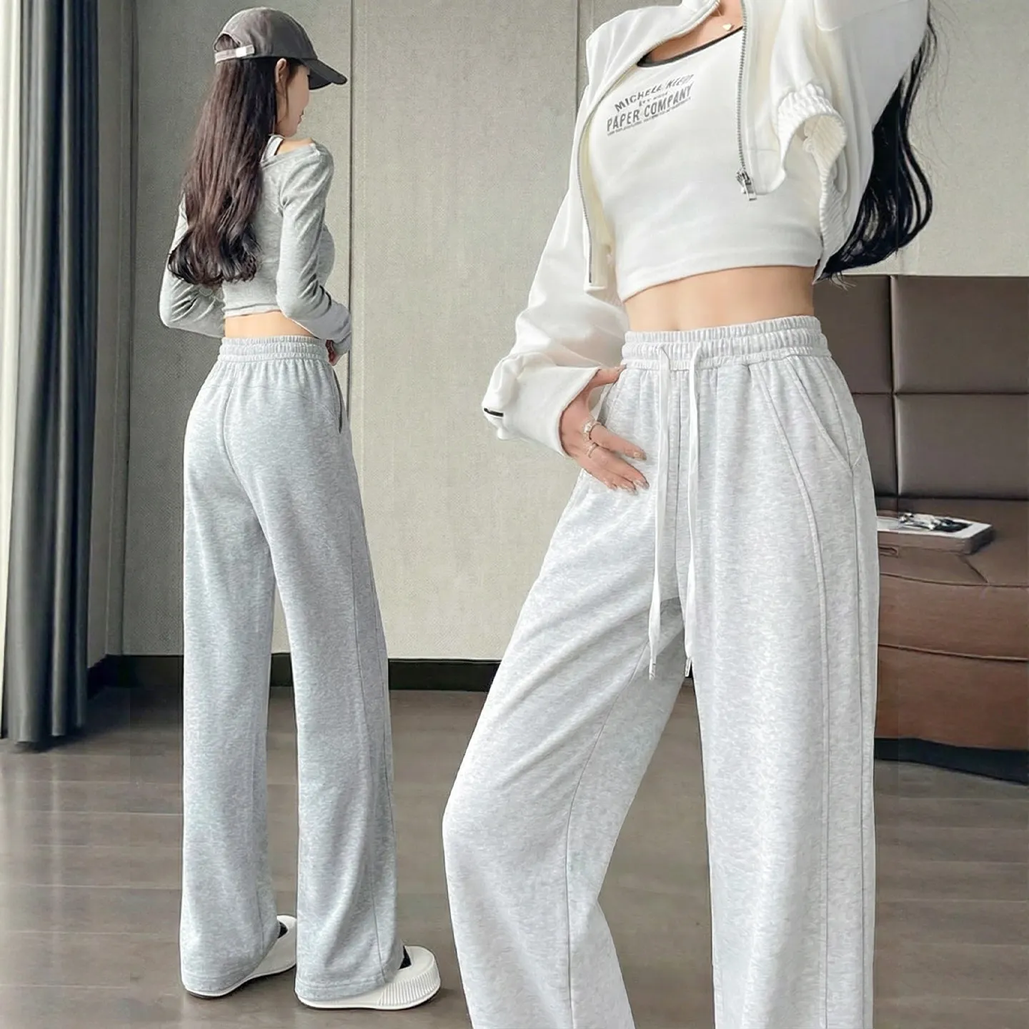 灰色运动裤子女款2026春新款高腰显瘦直筒阔腿秋冬季加绒休闲卫裤