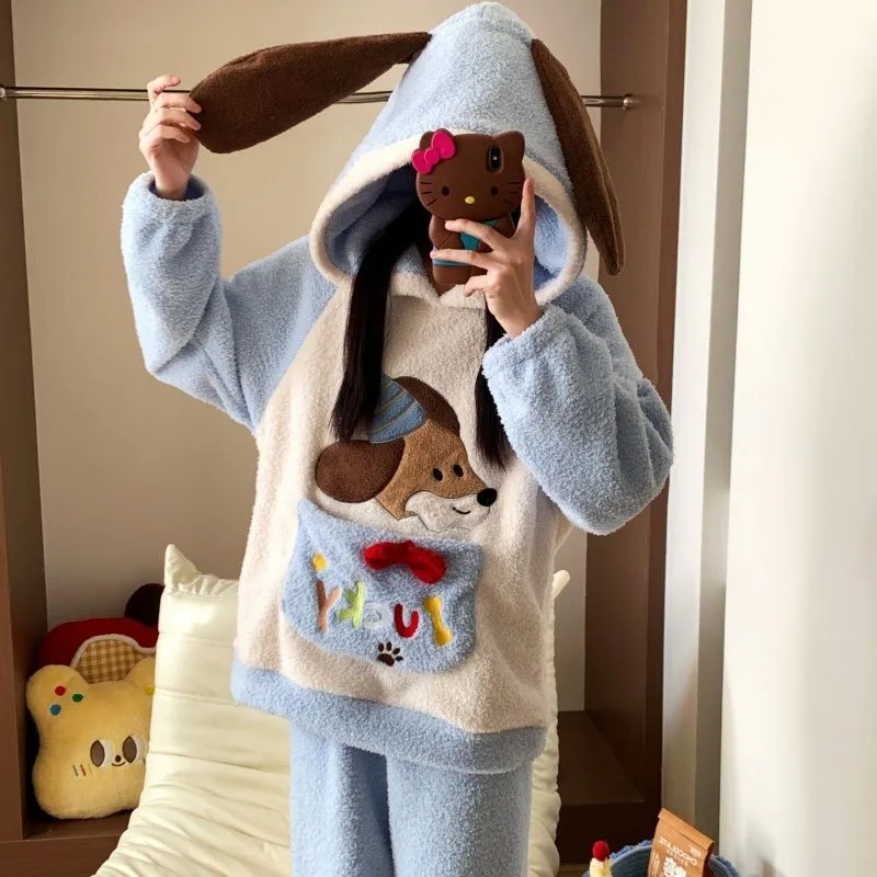 半边绒睡衣女款秋冬季加绒加厚连帽可爱卡通家居服套装可外穿