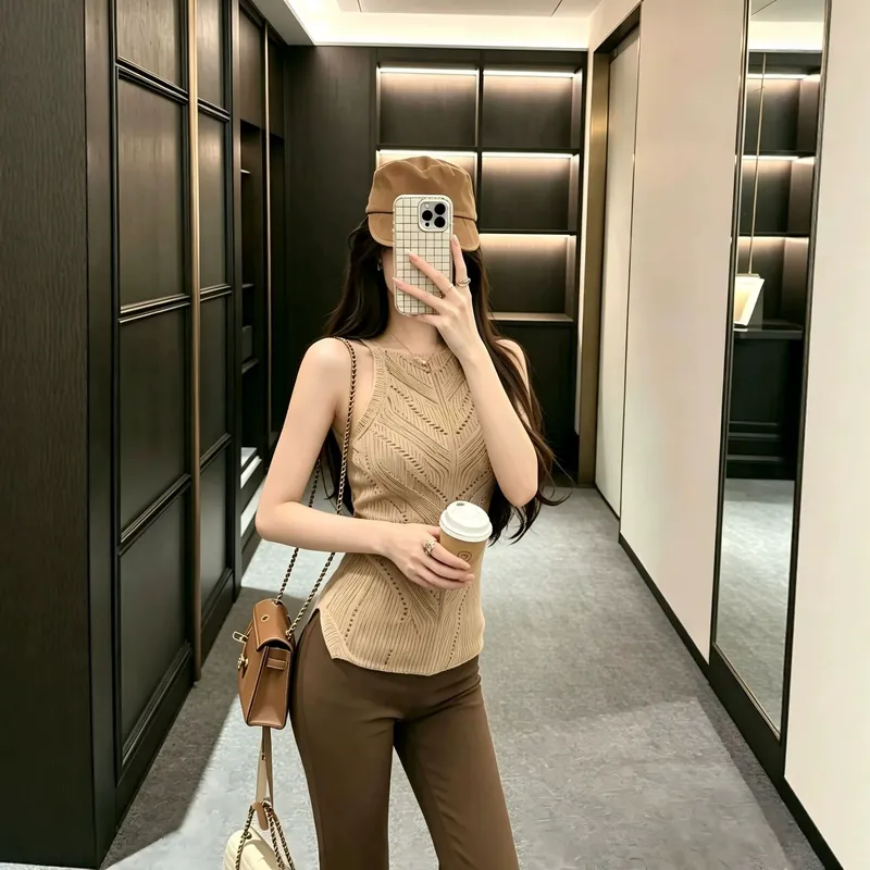 复古卡其色编织风挂脖针织背心女辣妹修身吊带外穿百搭无袖上衣