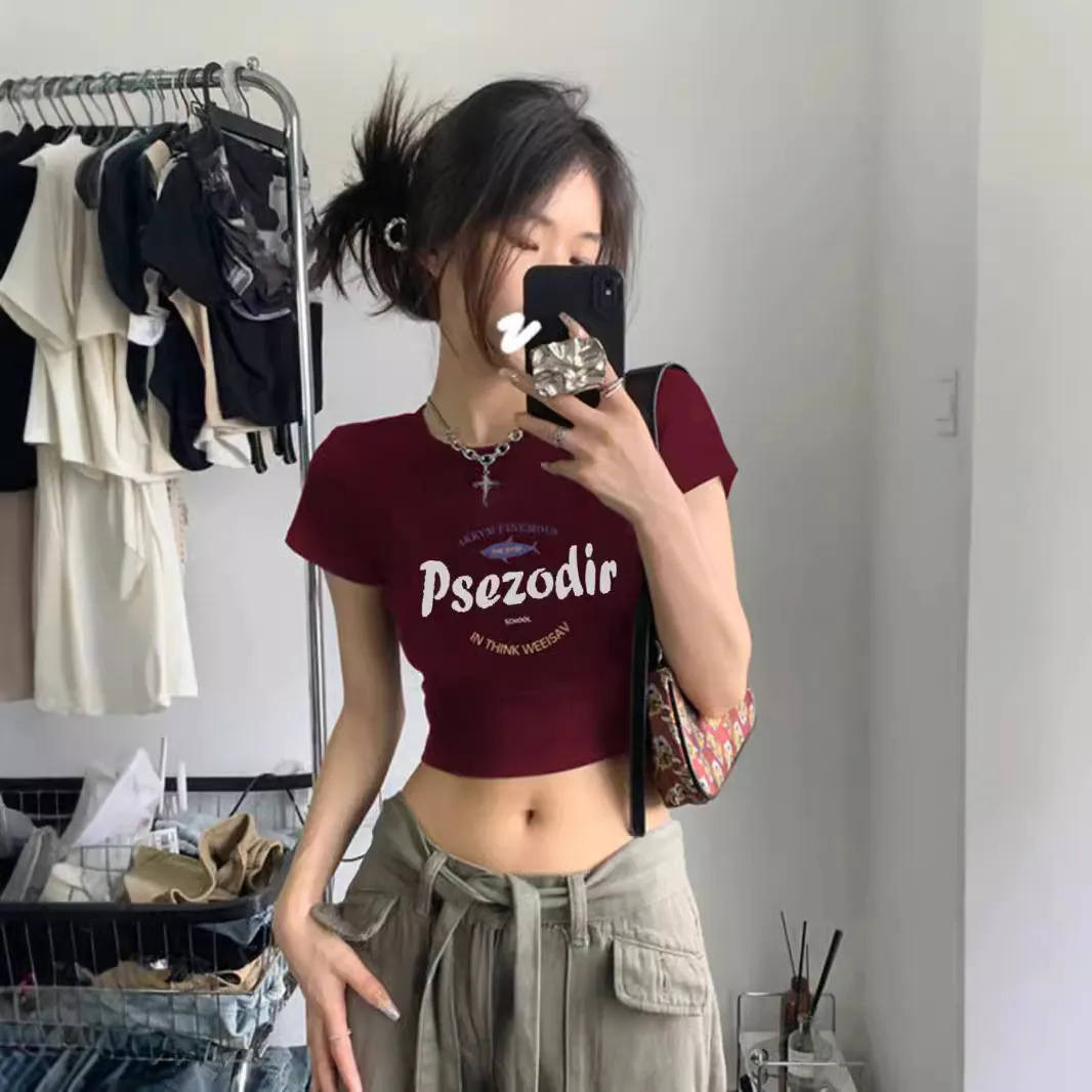 美式复古纯棉正肩短袖t恤女夏季多巴胺穿搭辣妹修身露脐短款上衣