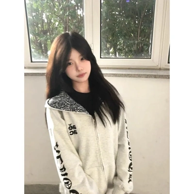 美式潮牌梵文字母开衫外套女2025年秋冬宽松保暖加绒加厚纯棉卫衣