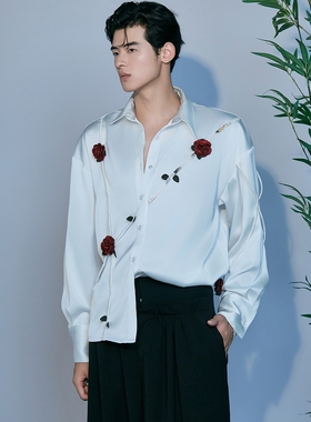 介尺JIECHI「暗涌玫瑰」高级感休闲宽松醋酸白色宽松长袖衬衫男
