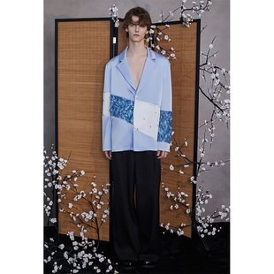 介尺JIECHI「浅海游戈」新中式蓝色拼接高级感缎面长袖衬衫男女