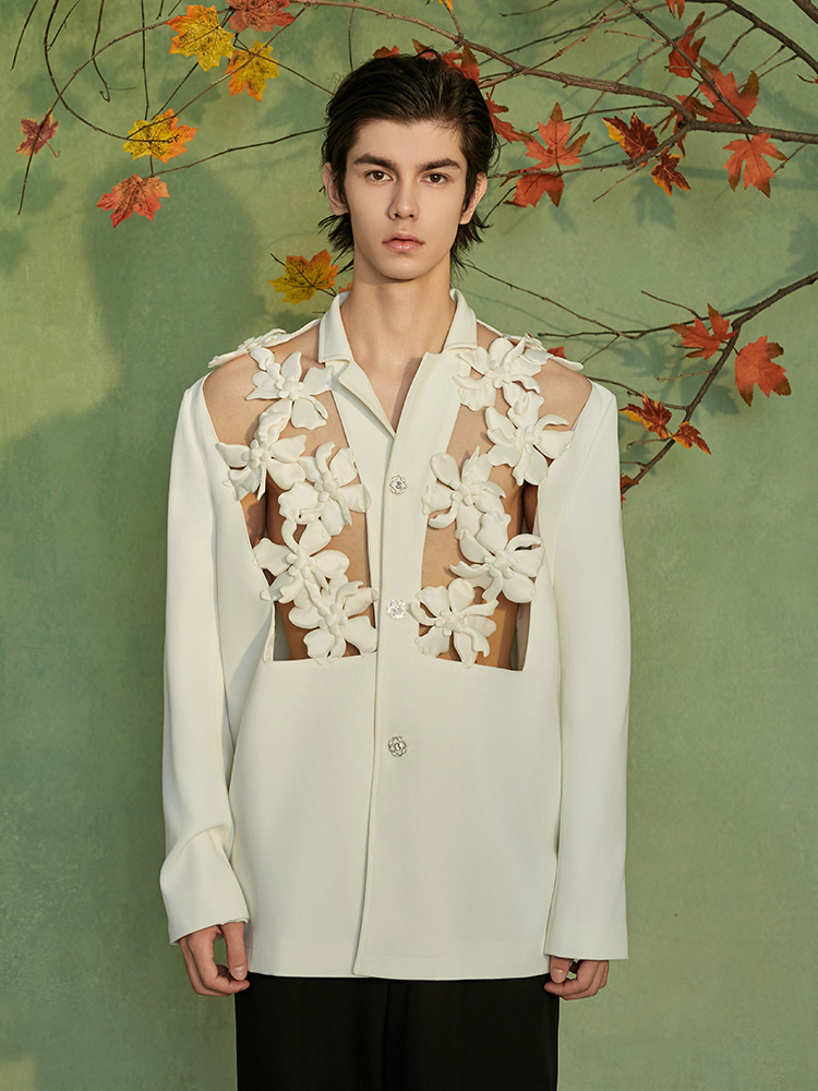 介尺JIECHI「月白百合」新中式高级感镂空休闲宽松白色西服外套