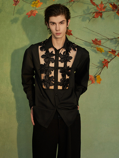 衬衫 介尺JIECHI「夜落百合」新中式 高级感镂空休闲宽松黑色长袖