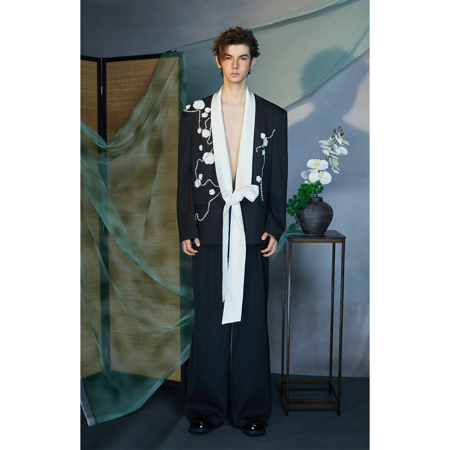 介尺JIECHI「白梅流芳」新中式拼接休闲白色西服外套男高级感上衣