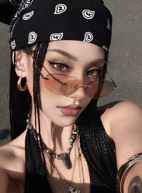 欧美复古无框椭圆凹造型太阳镜