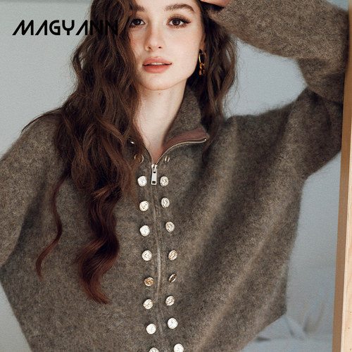 Magyann设计师原创双排扣金属拉链开衫小众毛衣老钱风针织衫上衣