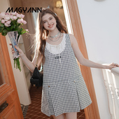 Magyann设计师原创2026夏无袖 暗格 格子拼接A字抽绳背心连衣裙