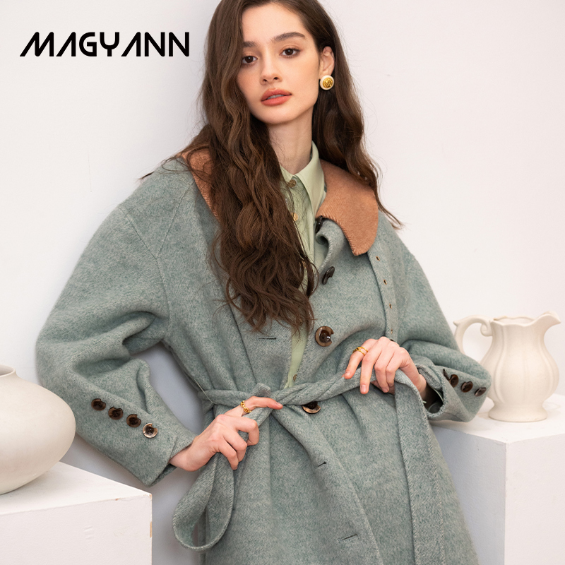 【幽兰拿铁】Magyann设计师原创2025冬撞色娃娃领褶袖大衣外套女