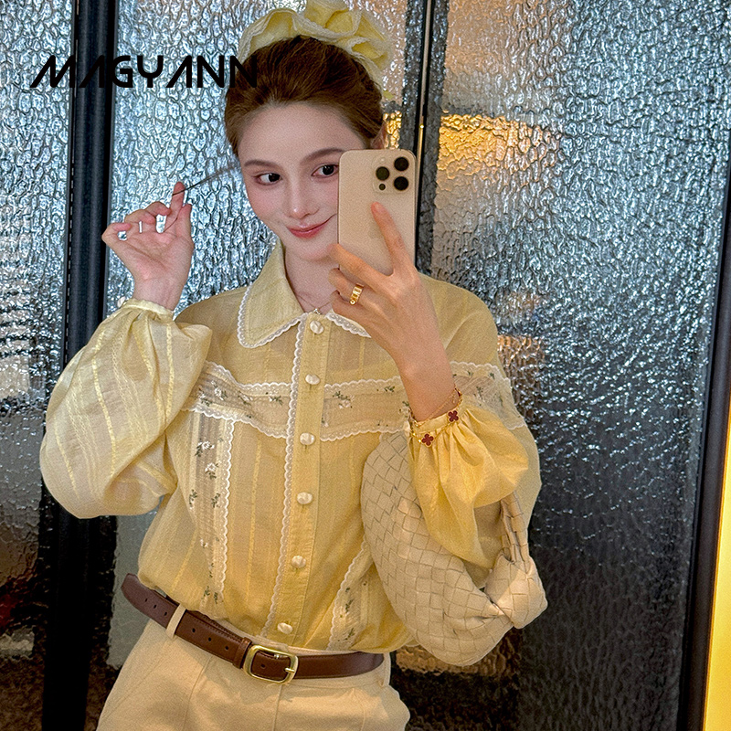 【酿花】Magyann设计师原创2025秋少女风气质灯笼袖拼蕾丝衬衫女