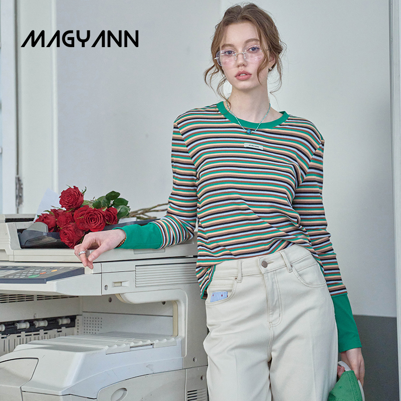 【明星同款】Magyann霓虹甜心2025春设计师原创撞色条纹长袖T恤女