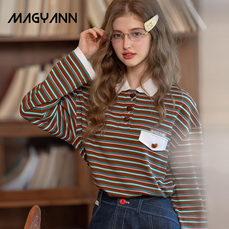 【白鹿同款】Magyann焦条2025秋冬复古条纹polo衫设计师休闲T恤女
