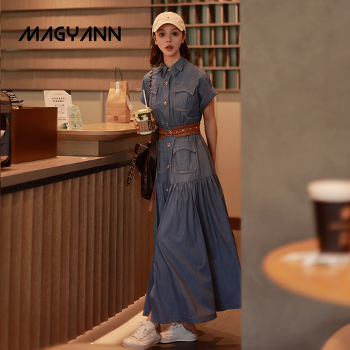 【布拉格】Magyann设计师原创通勤休闲连肩袖长裙收腰短袖牛仔裙