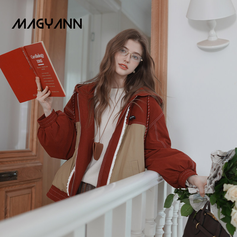 【枫糖】Magyann设计师原创2025冬抽绳口袋拼色木耳边连帽羽绒服
