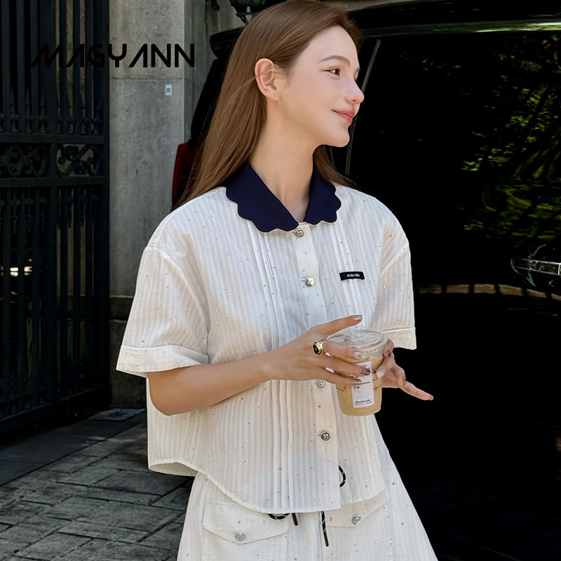 【星白】Magyann2026夏设计师花瓣领烫钻短袖衬衫女松紧腰口袋裙