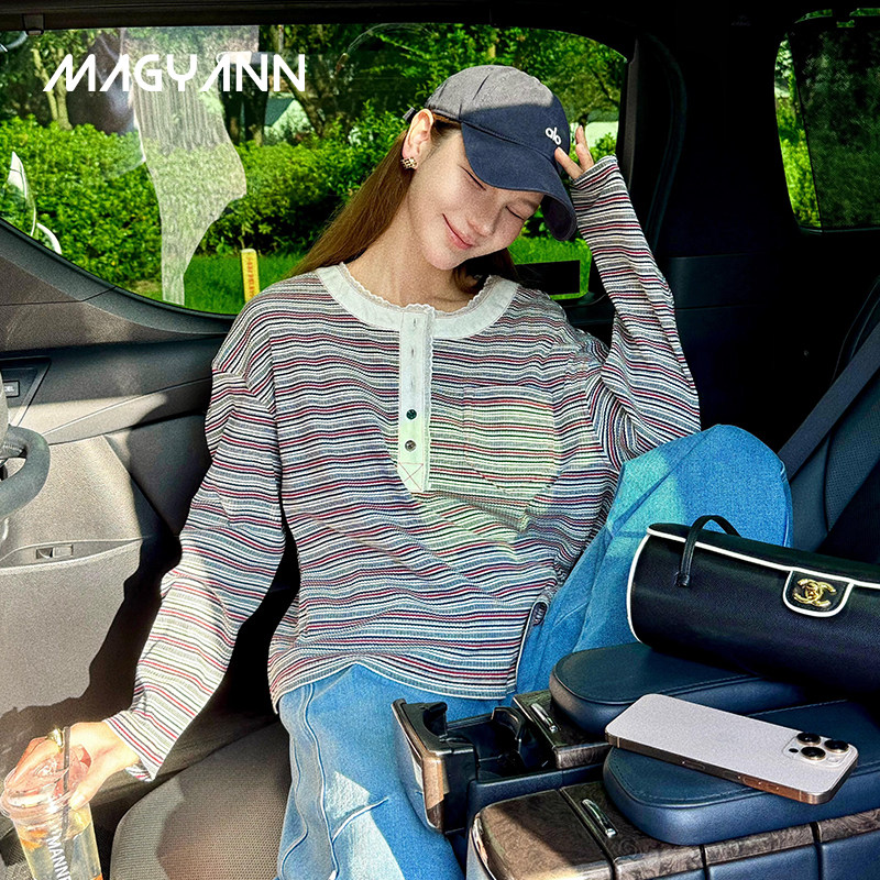 【自洽】Magyann2026秋原创休闲圆领复古条纹95棉撞色线亨利T恤女