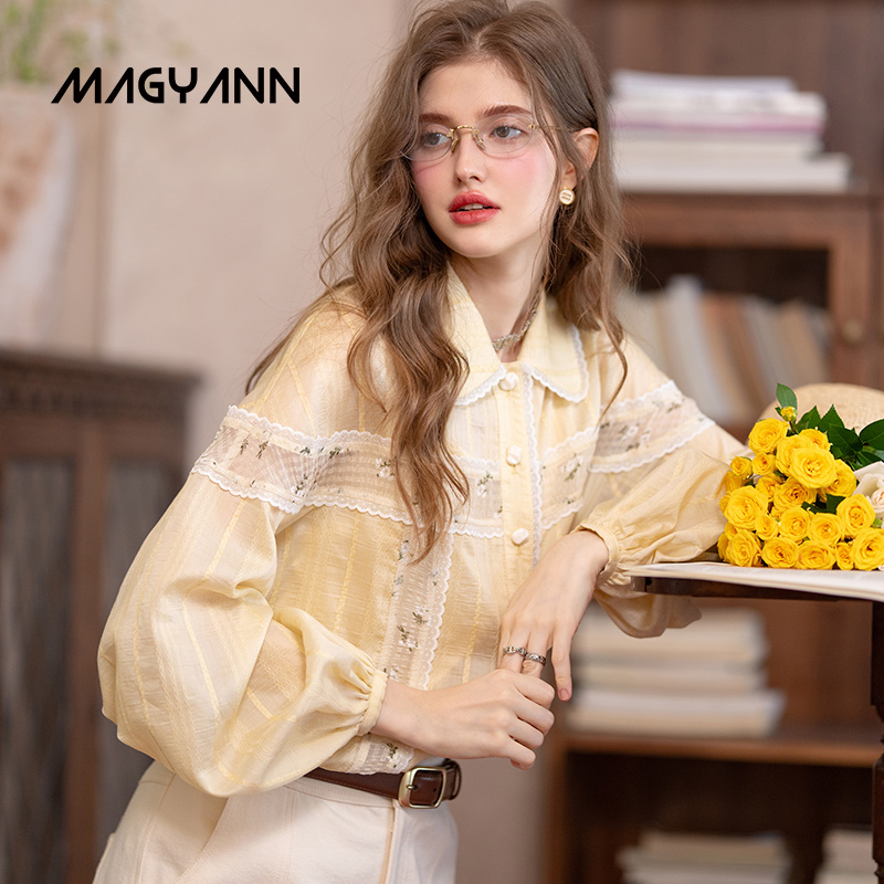【酿花】Magyann设计师原创2025秋少女风气质灯笼袖拼蕾丝衬衫女