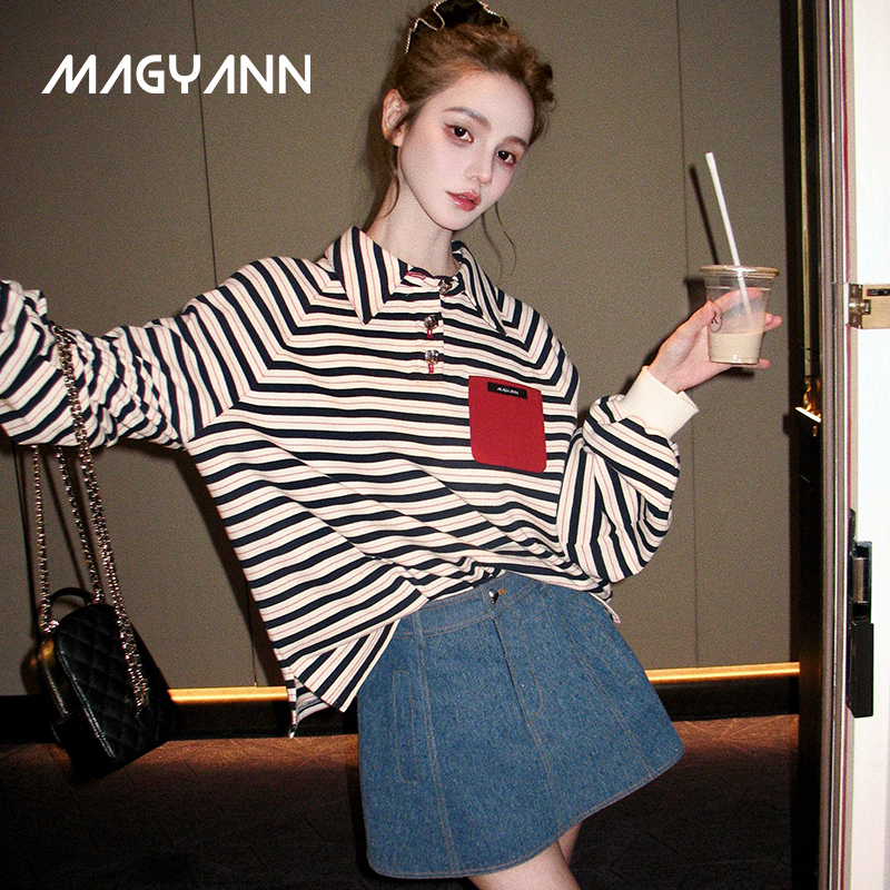 【趣味条纹】Magyann设计师原创2025秋条纹拼色口袋POLO衫卫衣女