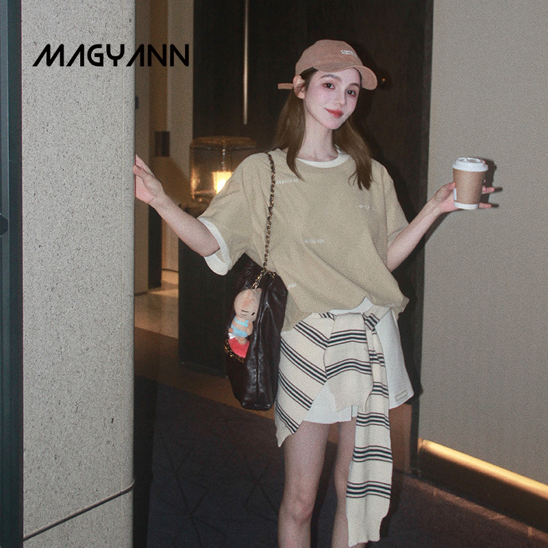 【蝴蝶札记】Magyann设计师原创2025夏休闲假两件撞色拼接刺绣T恤