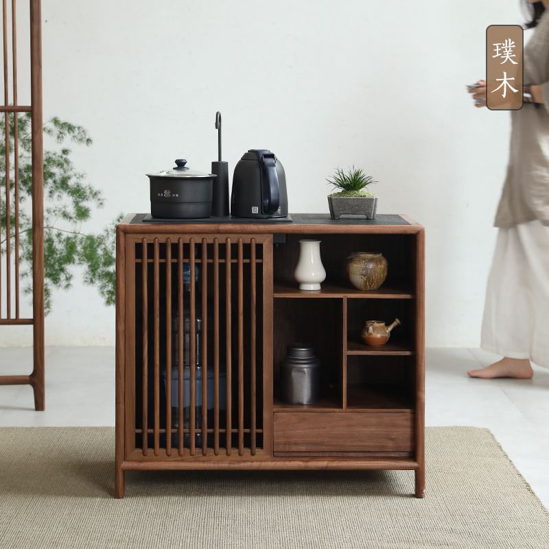 新中式茶水柜实木黑胡桃木茶边柜烧水柜一体置物架老榆木边几