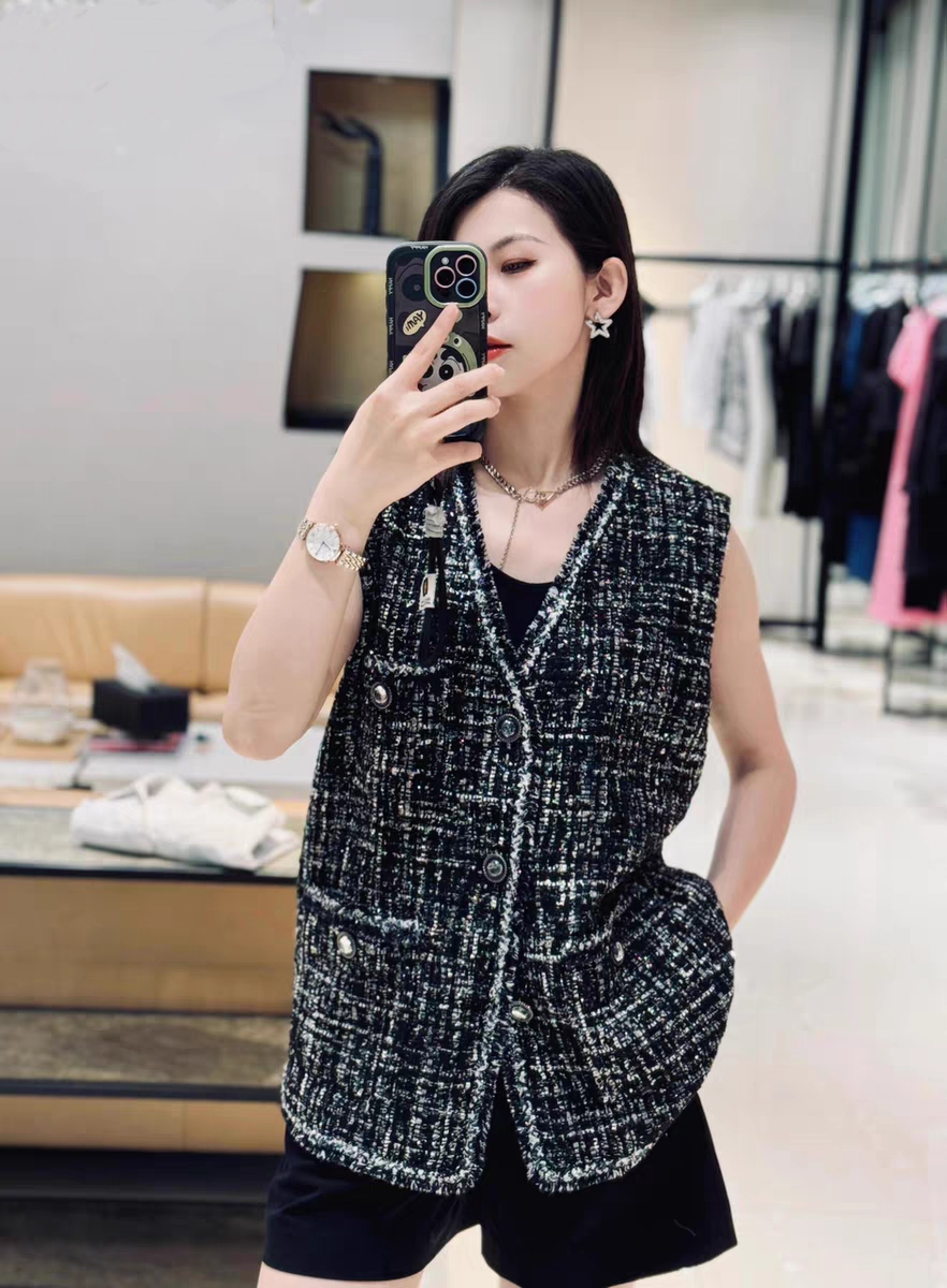 Amass阿玛施2025春秋新款宽松V领小香风粗花呢马甲外套女5400910
